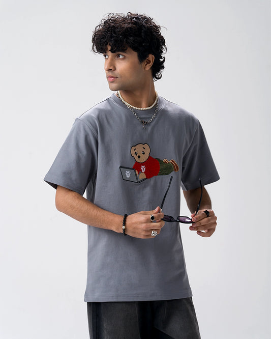 Wild Bear Embroidery T-Shirt — Blue Grey