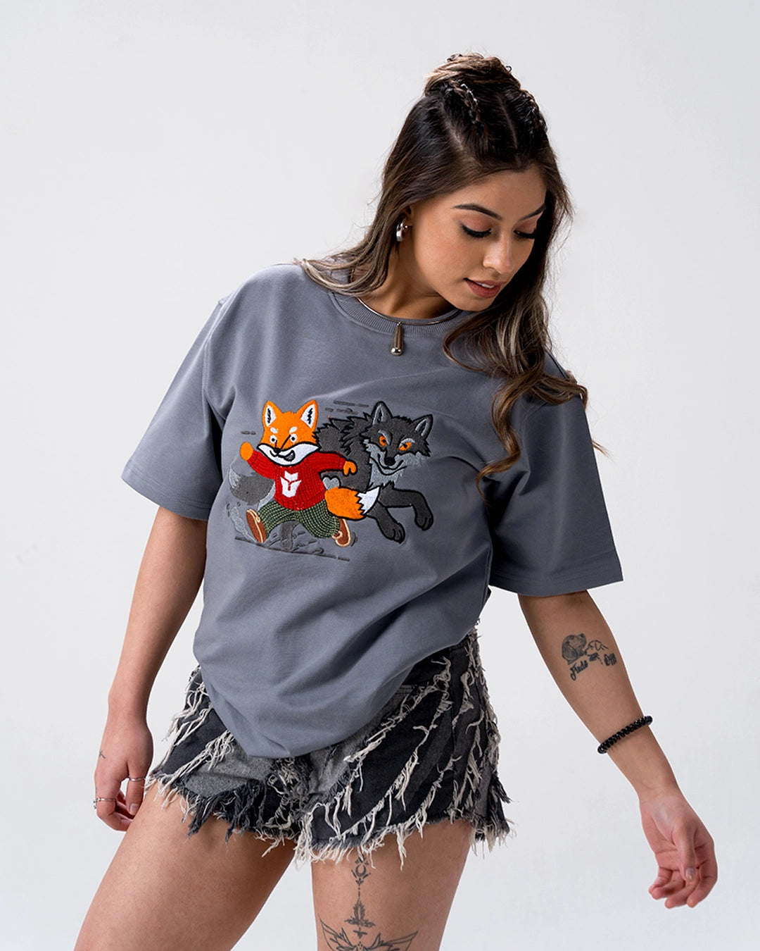 Sly Fox Embroidery T-Shirt — Blue Grey