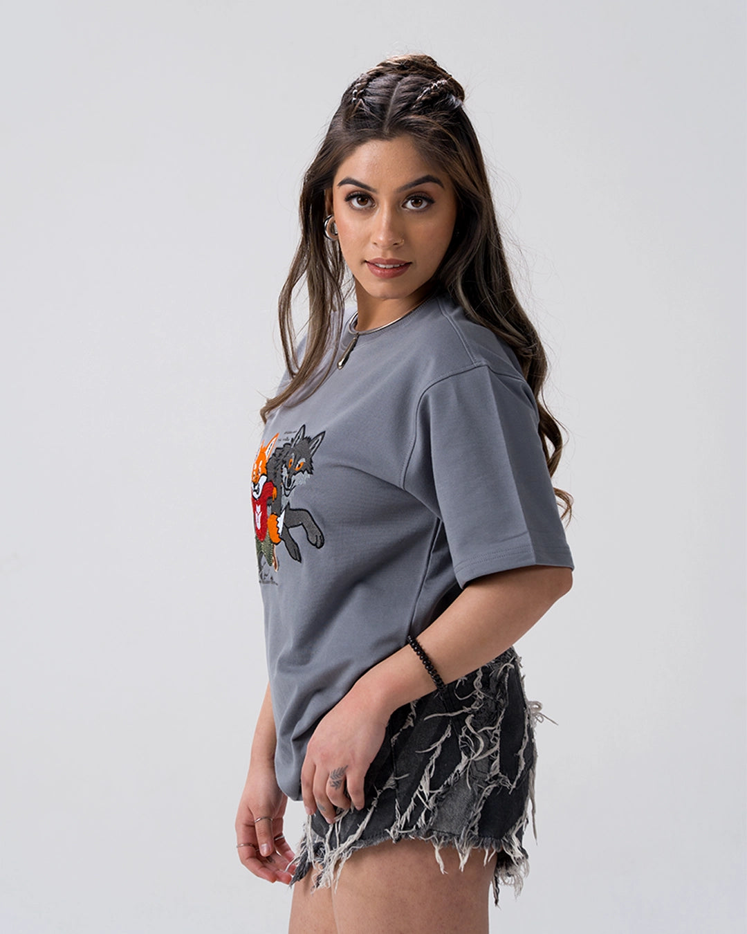 Sly Fox Embroidery T-Shirt — Blue Grey
