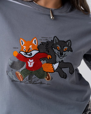 Sly Fox Embroidery T-Shirt — Blue Grey