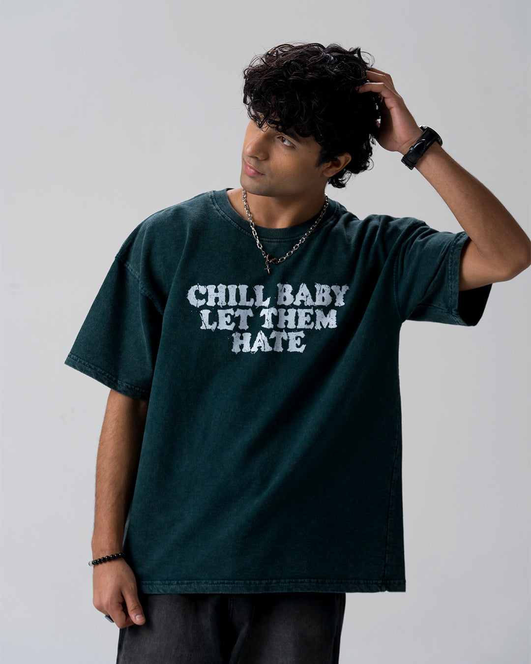 Chill Baby Let Them Hate Acid Wash T-Shirt — Bottle Green