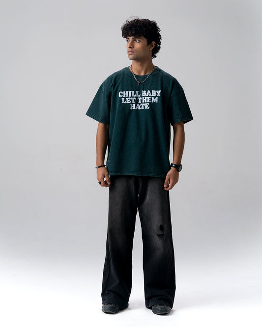Chill Baby Let Them Hate Acid Wash T-Shirt — Bottle Green