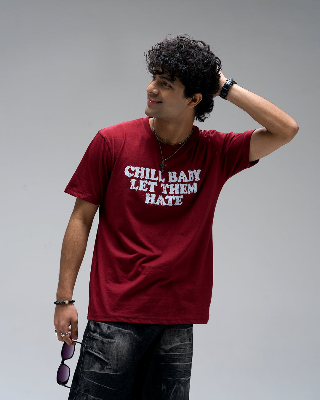 Chill Baby Let Them Hate Acid Wash T-Shirt — Maroon
