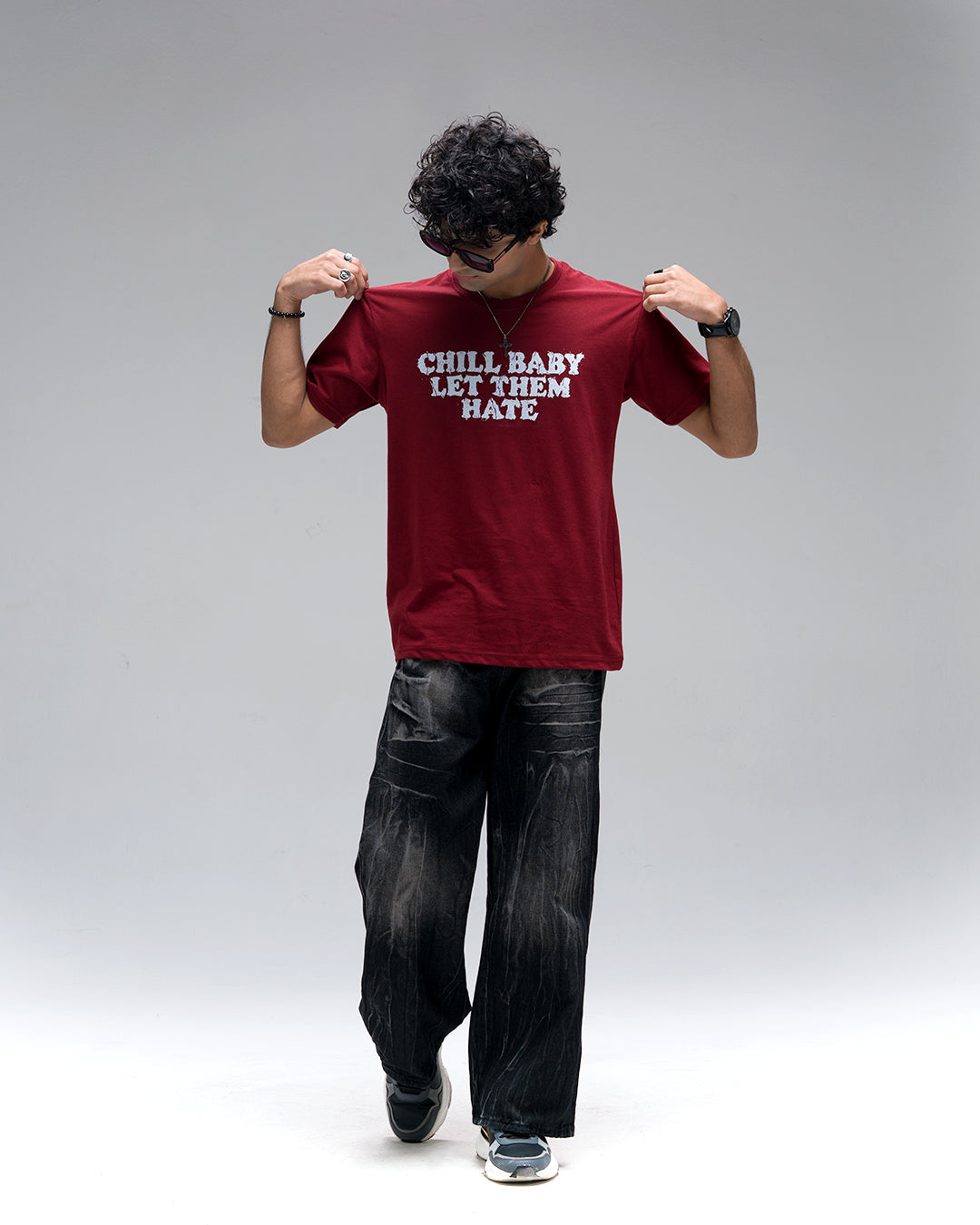 Chill Baby Let Them Hate Acid Wash T-Shirt — Maroon