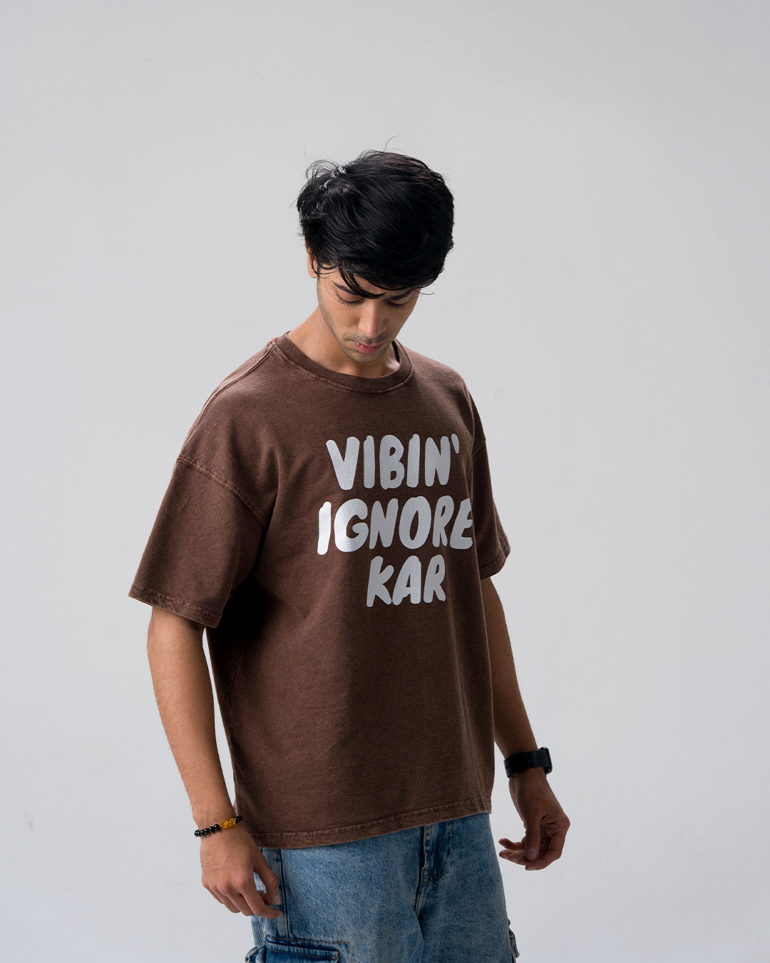 Vibin Ignore Them Acid Wash T-Shirt — Brown