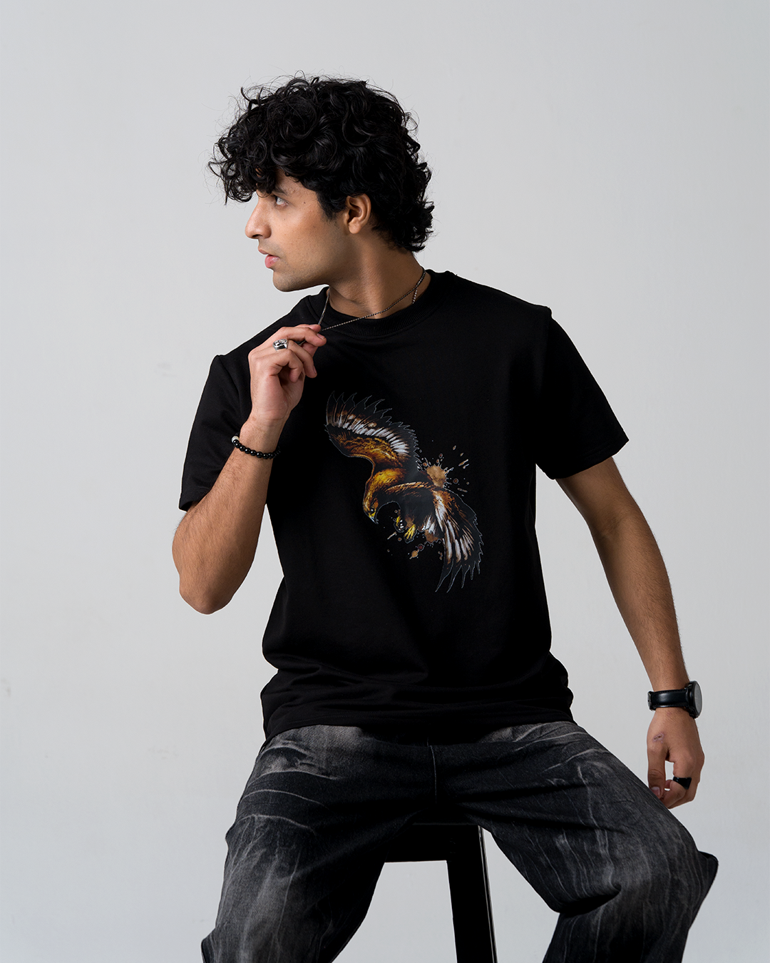 Eagle Print Screen Print T-Shirt — Black
