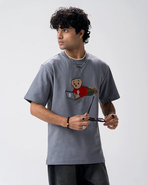 Wild Bear Embroidery T-Shirt — Blue Grey