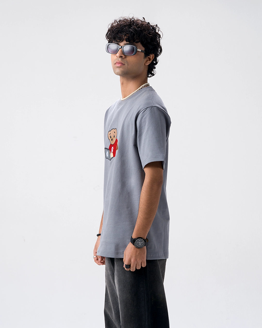 Wild Bear Embroidery T-Shirt — Blue Grey