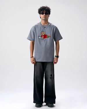 Wild Bear Embroidery T-Shirt — Blue Grey