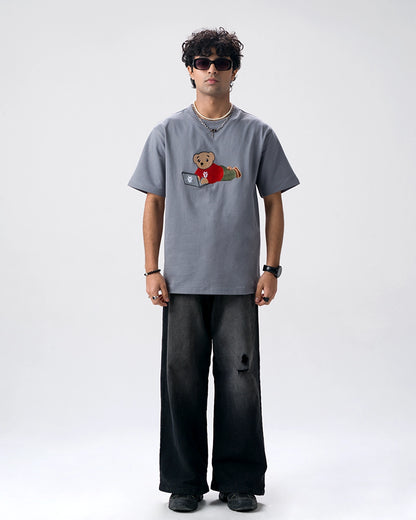 Wild Bear Embroidery T-Shirt — Blue Grey