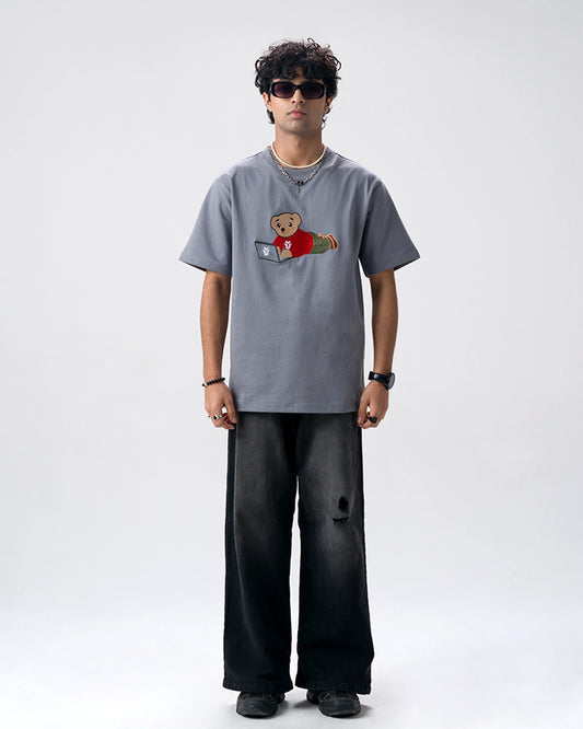 Wild Bear Embroidery T-Shirt — Blue Grey