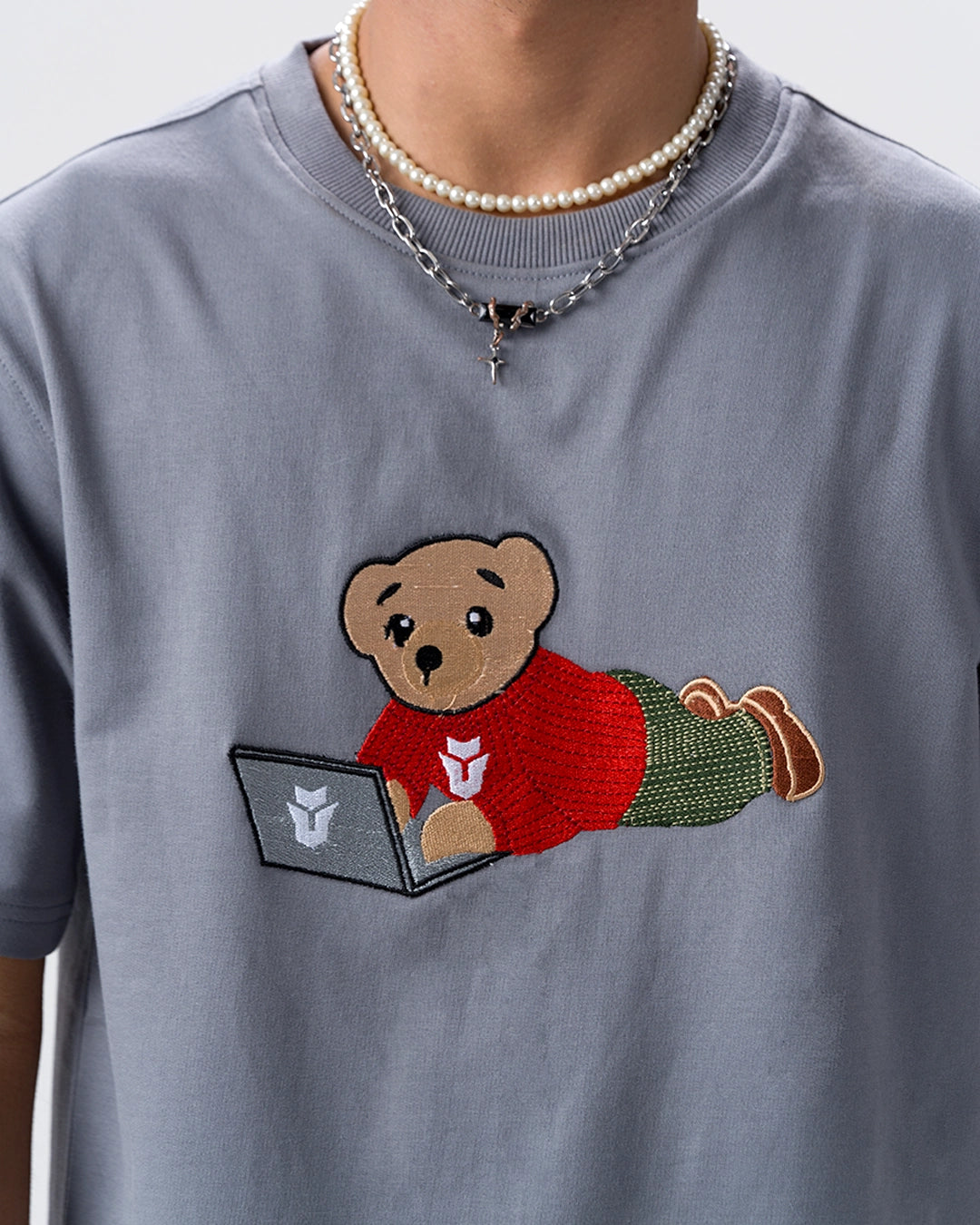 Wild Bear Embroidery T-Shirt — Blue Grey