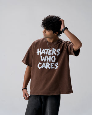 Haters Who Cares Acid Wash T-Shirt — Brown