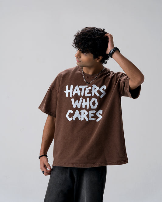 Haters Who Cares Acid Wash T-Shirt — Brown
