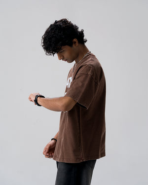 Haters Who Cares Acid Wash T-Shirt — Brown