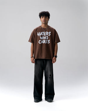 Haters Who Cares Acid Wash T-Shirt — Brown
