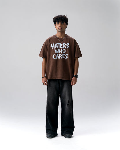 Haters Who Cares Acid Wash T-Shirt — Brown