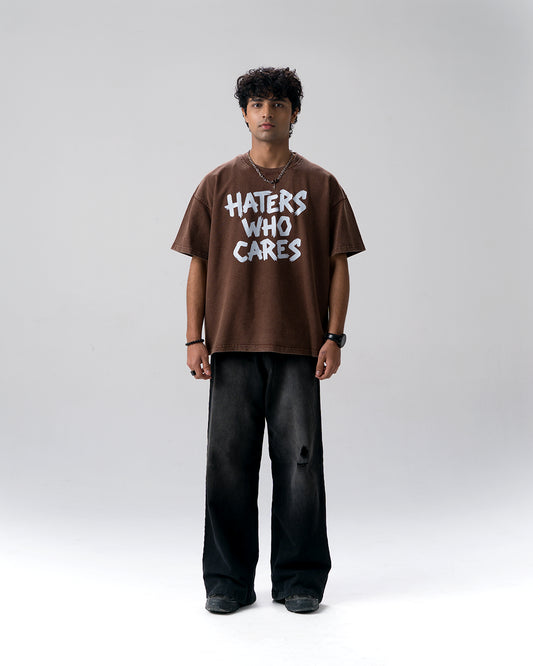 Haters Who Cares Acid Wash T-Shirt — Brown