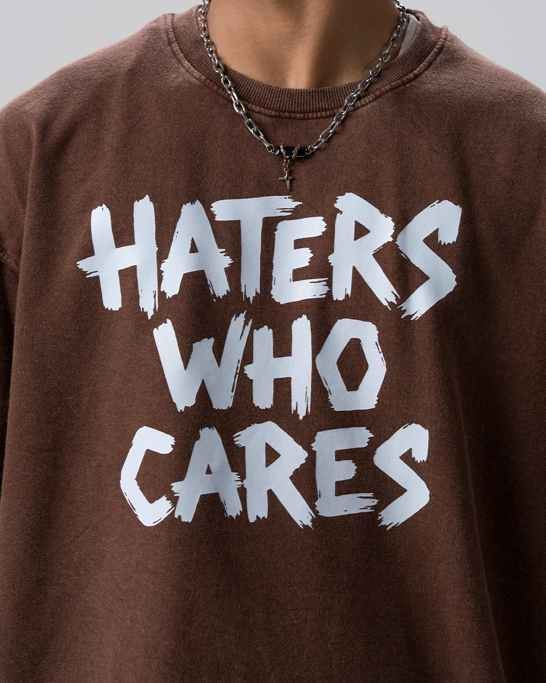 Haters Who Cares Acid Wash T-Shirt — Brown