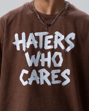 Haters Who Cares Acid Wash T-Shirt — Brown