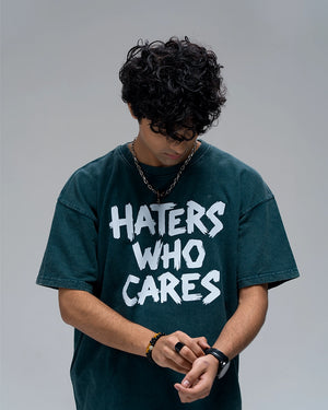 Haters Who Cares Acid Wash T-Shirt — Bottle Green