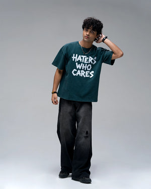Haters Who Cares Acid Wash T-Shirt — Bottle Green