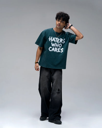Haters Who Cares Acid Wash T-Shirt — Bottle Green