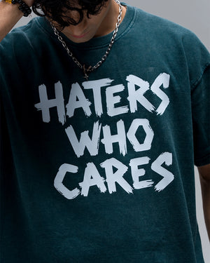 Haters Who Cares Acid Wash T-Shirt — Bottle Green