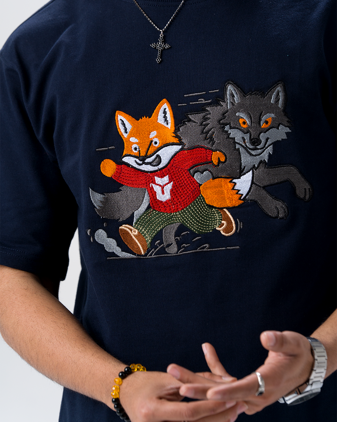 Sly Fox Embroidery T-Shirt — Navy Blue