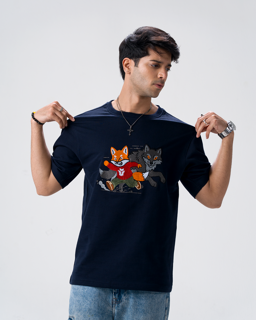 Sly Fox Embroidery T-Shirt — Navy Blue