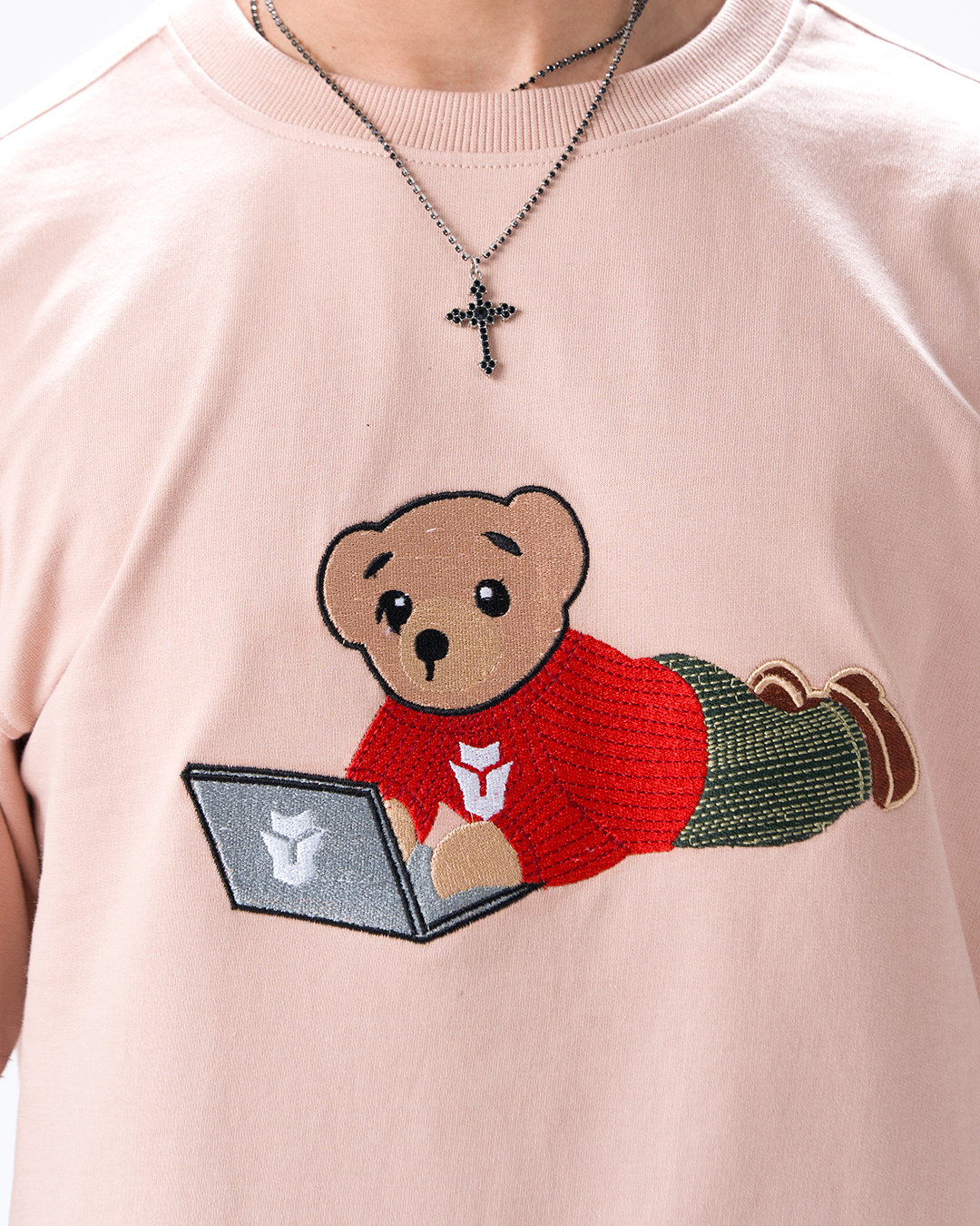 Wild Bear Embroidery T-Shirt — Peach