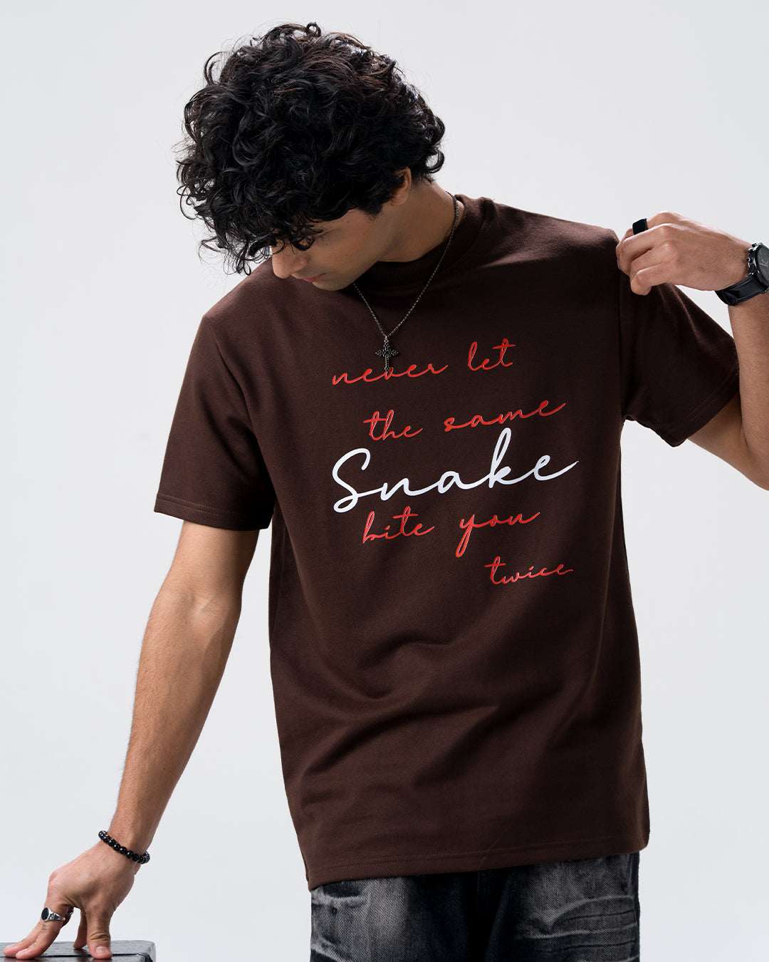 Snake Quote Screen Print T-Shirt — Brown