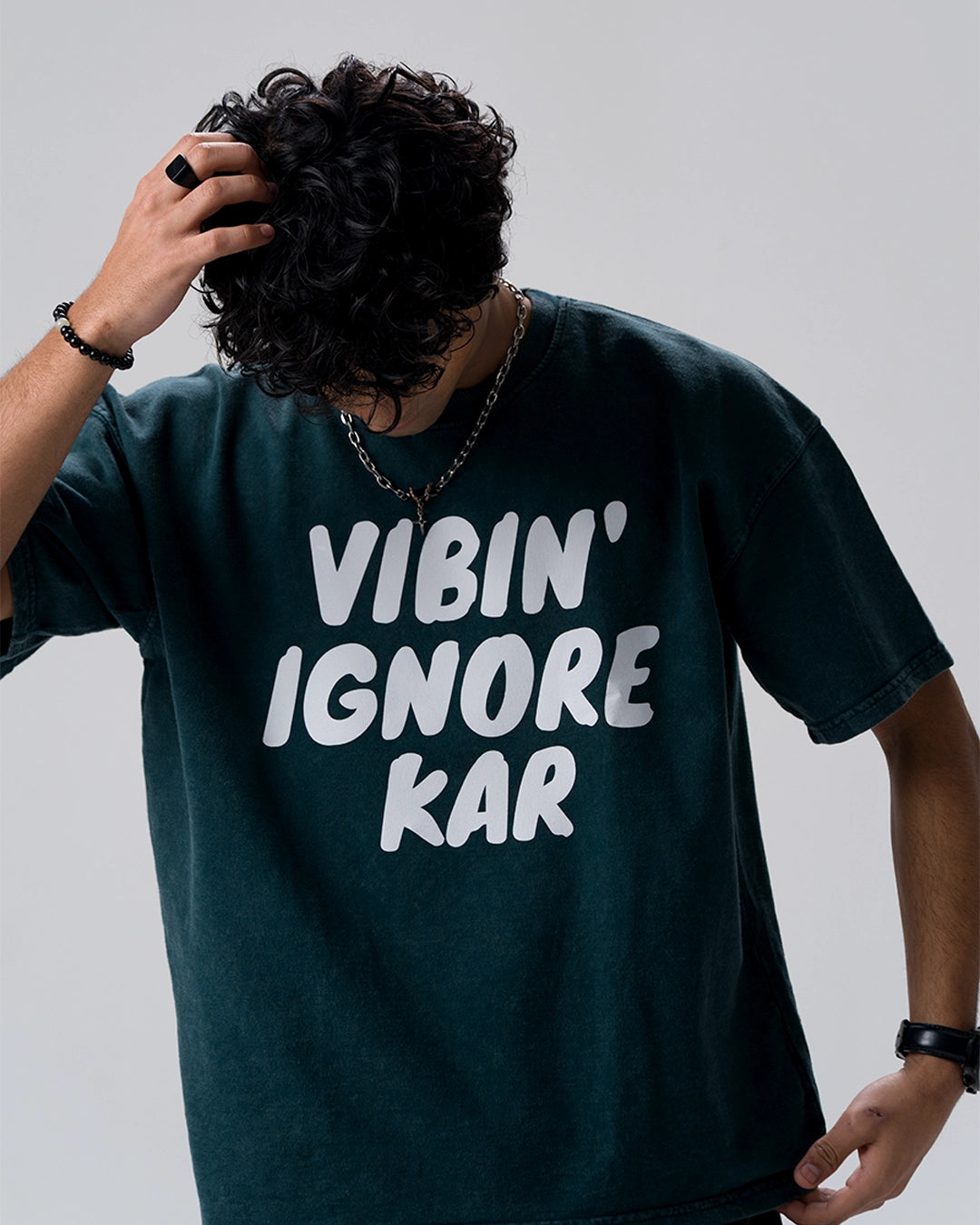 Vibin Ignore Them Acid Wash T-Shirt — Bottle Green