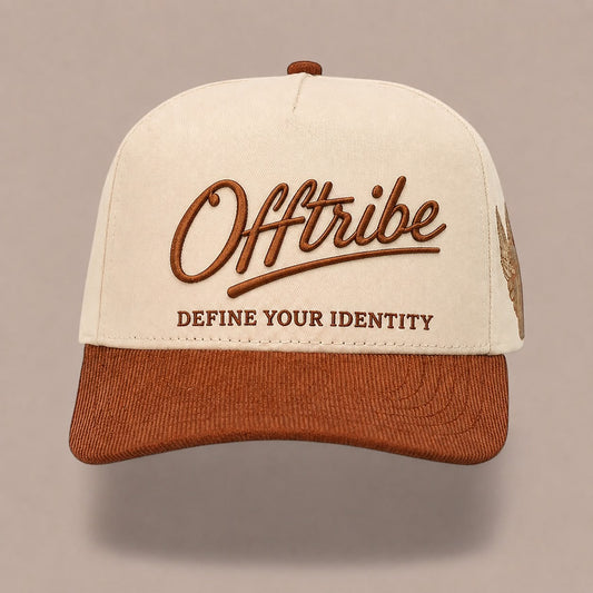 White Offtribe Embroidery Cap — Brown Logo